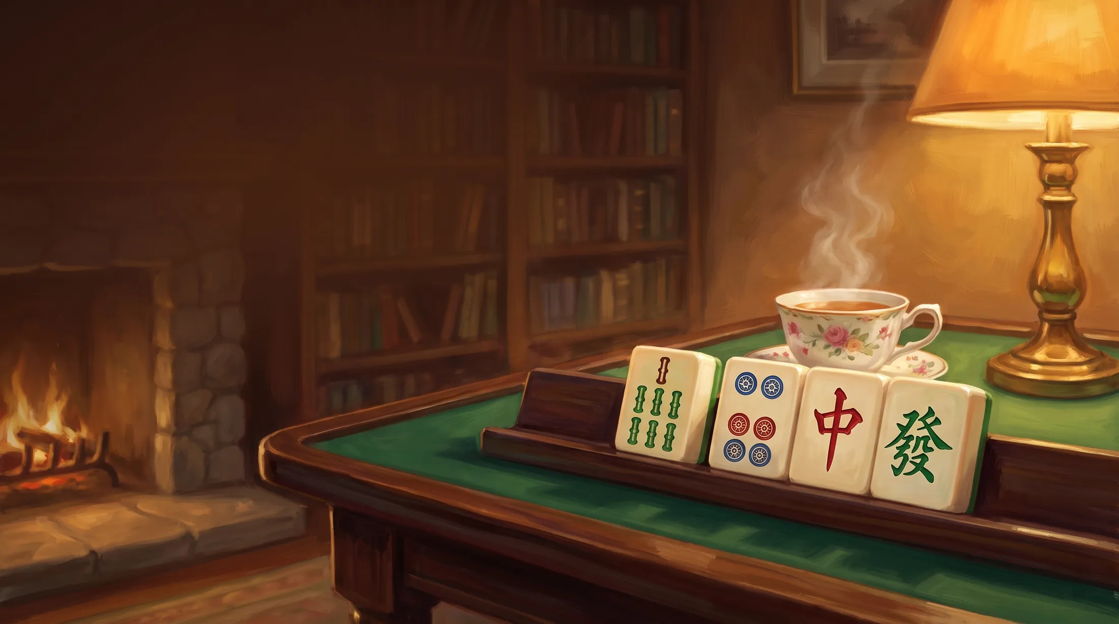 A warm candlelit parlor with a mahjong table set for learning
